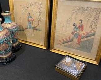 Antique Oriental Geisha’s on Silk with Gold Frame