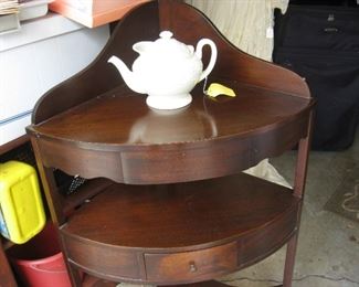 Reproduction corner wash stand table with drawer and Wedgewood teapot