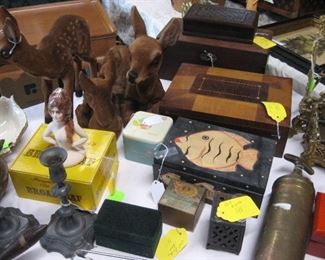 Deer family, wooden boxes, old fire extinguisher