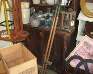 Primitive Stepback cupboard, old wooden stilts, Goose and mason jars