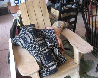 2 old coverlets with andiron deck rocking chair ready to be painted