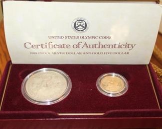 1988 Olympic silver $1 & gold $5 coin set