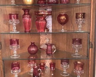 Vintage cranberry glass, vases pitchers and baskets. Ruby Red Stemware. 