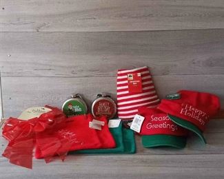 Santa Hats, Plastic Bows, Cloth Gift Bags, Holiday Flasks