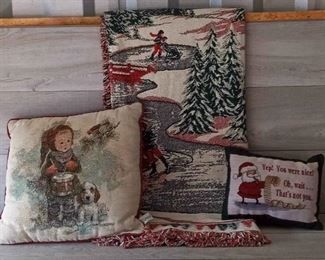 Vintage Christmas Embroidered Pillows And Throw Blanket