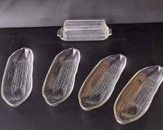 Vintage Corn On The Cob Glass Holders, Textured Butter Dish