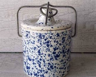 Vintage White With Blue Speckled ButterCheese Crock with Lid