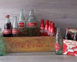 Vintage Yellow Wooden Coke Box And Vintage Coke Bottles