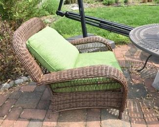 Outdoor Round Iron Table and 2 Ratan Arm Chairs with Cushions - Great Shape!