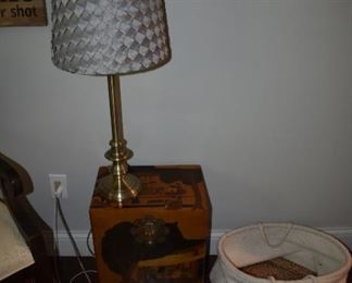 Chinese Wood Chest and Brass Table Lamp with Gray Shade 