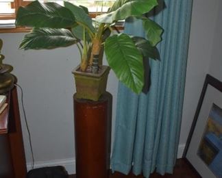 Wood Pedestal with Decorative Plant