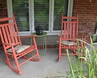 Pair of Porch Rockers and Green Metal Accent Table