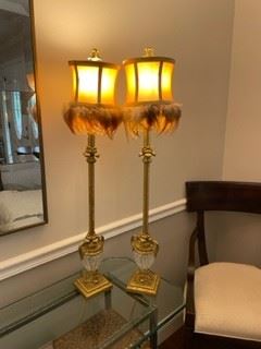 Pair of Gold & Glass Tall Table Lamps with Feather Shade 