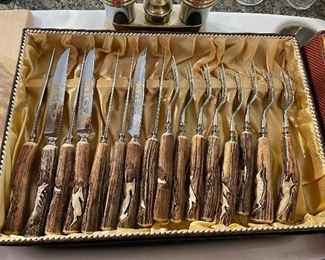 Vintage Anton Wingen Jr Hand Carved
Antler & Stainless Steel Cutlery Set, service for 8, Solingen, Germany