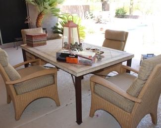 Ladlow's Heavy Duty EB Wicker chairs with cushion and stone/iron dining table set