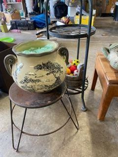 Vintage plant stands and pottery
