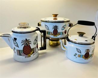 Very fun vintage Georges Briard enameled fondue w/ stand, coffee percolator and tea pot