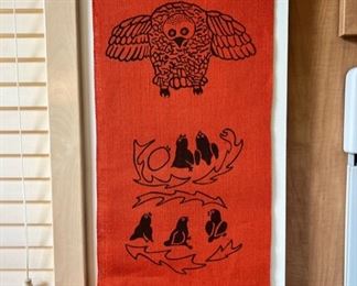 Vintage Agnes Nanogak Inuit Owl silkscreen on burlap 