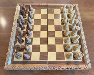 Unique vintage hand carved wood chess set