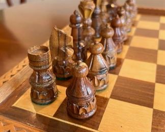 Unique vintage hand carved wood chess set