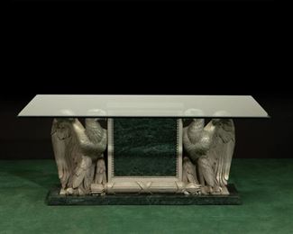 A Metal and Marble Double-Eagle Table