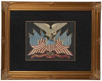 A framed Asian export embroidery with American eagle a…