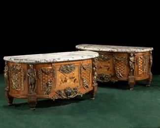 A pair of French marble-top cabinets