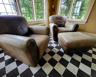 Distressed Leather Club Chairs and Ottoman