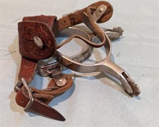 Pair of 1940s Kelly Spurs with Poker Engraving and Embossed Leather Strap