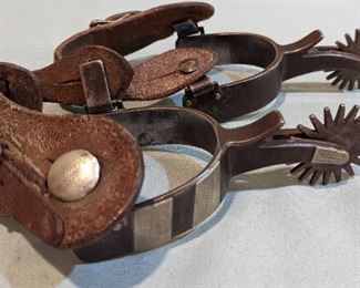 Pair of 1930's Kelly Bros. "Powder River" Spurs with Stamped Leather Straps