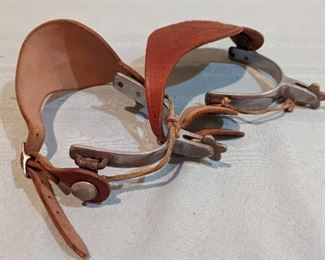 Pair of Vintage Crocket Spurs with 5-Pointed Rowels, Original Embossed Leather Straps