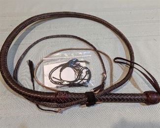 Bull Whip: 8" Handle, 74" Thong, 31" Fall, 8" Popper, Braided Leather Wrist Loop, 5 New Poppers, Mark Allen Tote Along Bag