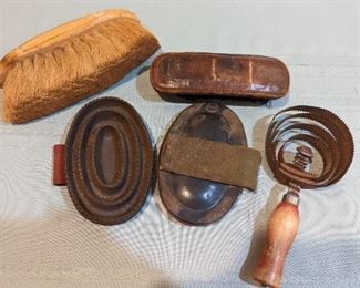 Cowhide Tooled Leather Flexible Brush, Metal & Rubber Curry Brushes, Dan Patch Wood Brush