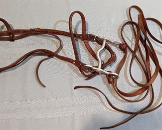 Vintage Leather Head Stall, Split 5/8' Reins, Engraved Crocket Stainless Steel Bit