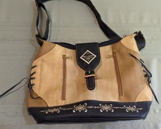 Western Style Mick-Gwend Paris Purse. Blue & Tan w/ Leather Trimming