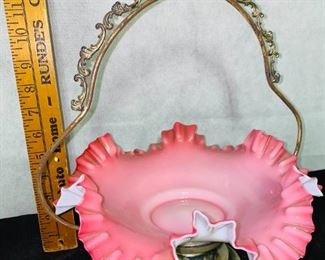 Antique Victorian Brides Basket Bowl Silver Plate Cased Blown Art Glass 1890s