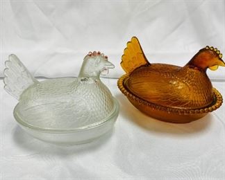 Vintage Covered Chicken Dish Lot 2 Pc