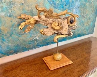 $495  - Driftwood fish sculpture - 17" H, 19" W, 4" D, base 8.5" x 7". 