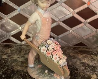 Lladro # 1282 Boy With Wheel Barrel Of Flowers Porcelain Figurine