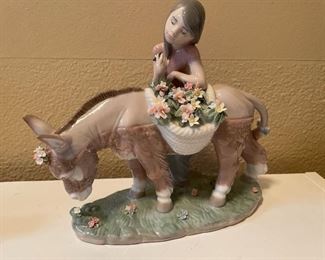 Lladro Figurine 6165 Pretty Cargo Girl Standing by Donkey with Baskets of Flow