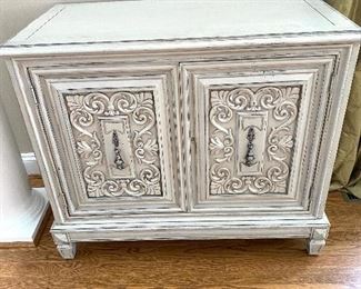 Painted distressed grey bar cabinet (top lifts up to reveal mirrored bar w/cubbies for bottles, etc.)