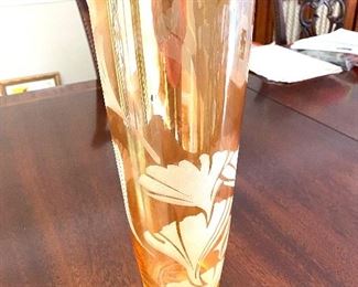Amber glass vase with etched ginkgo leaves