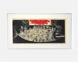 Naul Ojeda The Big Fish Dinner Original Woodcut on Paper