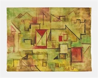 1950s Italian Modernist MCM Watercolor on Paper Abstract Cityscape