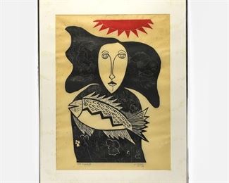 Naul Ojeda "Fish Life" Large 1977 Wood Block Print