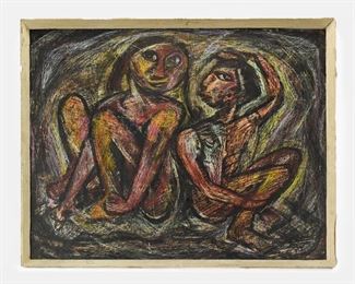 1950s Mexican Folk Art Scraffito Painting by Leon of Taxco