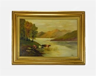 Antique 19thC Folk Art Oil Painting Cows in a River