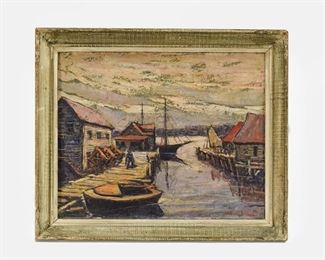 William Fisher New England Boat Harbor Maine Oil Painting