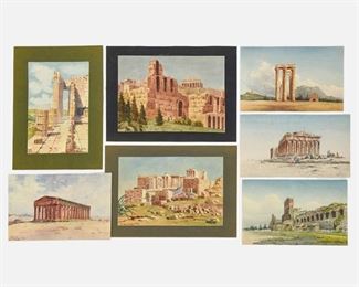 Grouping of 1920s Greek Tourist Watercolor Paintings of Ruins
