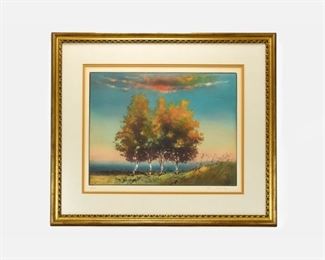 Large Original Kaiko Moti Aquatint Print Autumn Tree and Sky